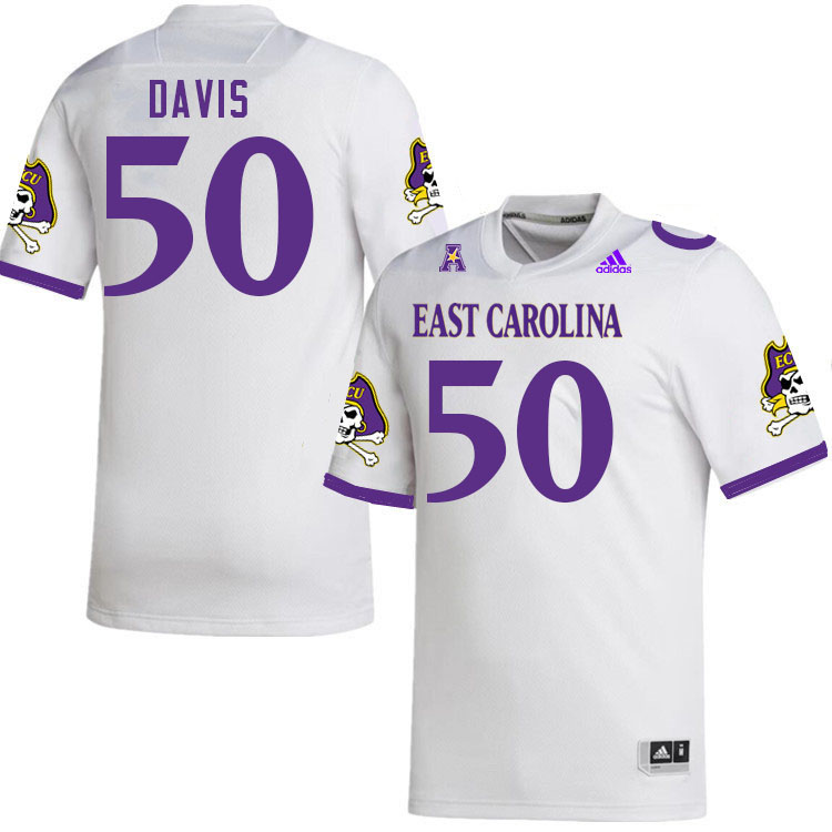 Men #50 Kieran Davis ECU Pirates College Football Jerseys Stitched Sale-White - Click Image to Close